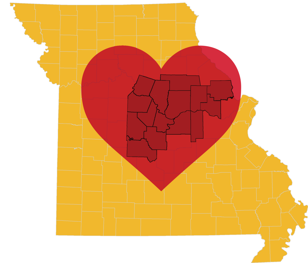 Map of Missouri with counties in a heart